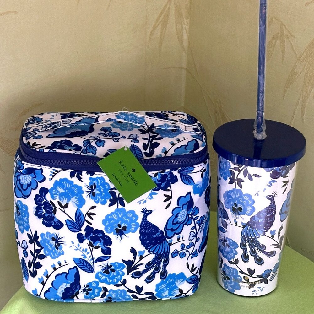 KATE SPADE PEACOCK FLORAL LUNCH TOTE + TUMBLER (SET):NWT